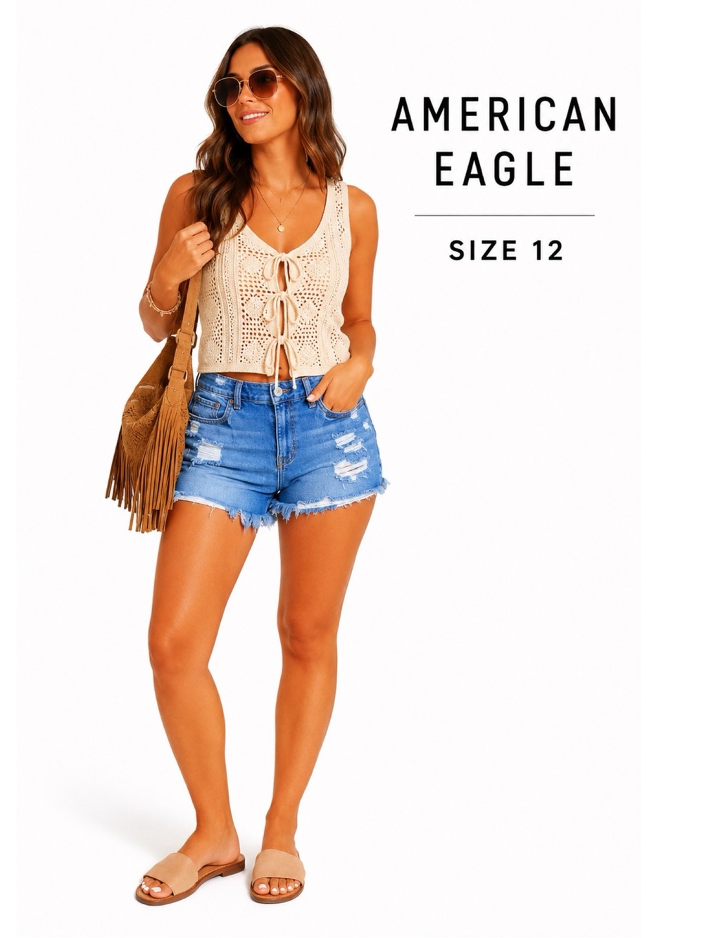 AMERICAN EAGLE Ripped High Rise Jean Shorts Size 12 - Picture 1 of 8